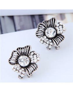 Rhinestone Embellished Vintage Korean Fashion Flower Women Statement Earrings - Silver