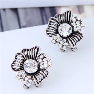 Rhinestone Embellished Vintage Korean Fashion Flower Women Statement Earrings - Silver