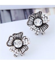 Rhinestone Embellished Vintage Korean Fashion Flower Women Statement Earrings - Silver