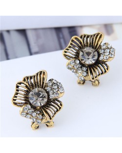 Rhinestone Embellished Vintage Korean Fashion Flower Women Statement Earrings - Copper
