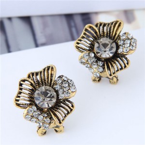 Rhinestone Embellished Vintage Korean Fashion Flower Women Statement Earrings - Copper