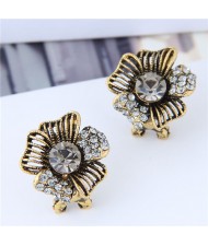 Rhinestone Embellished Vintage Korean Fashion Flower Women Statement Earrings - Copper