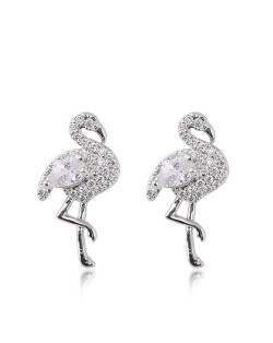 Rhinestone Embellished Shining Swan Design High Fashion Earrings - Silver