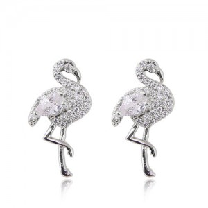 Rhinestone Embellished Shining Swan Design High Fashion Earrings - Silver