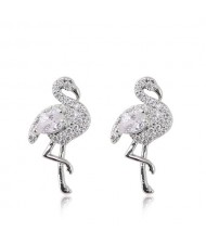 Rhinestone Embellished Shining Swan Design High Fashion Earrings - Silver