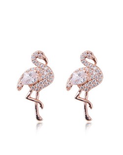 Rhinestone Embellished Shining Swan Design High Fashion Earrings - Golden