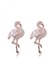 Rhinestone Embellished Shining Swan Design High Fashion Earrings - Golden