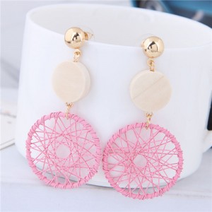 Sweet Weaving Style Dangling Hoop High Fashion Earrings - Pink