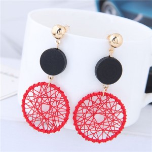 Sweet Weaving Style Dangling Hoop High Fashion Earrings - Red