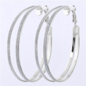 Dull Polish Surface Giant Hoop High Fashion Women Earrings - Silver
