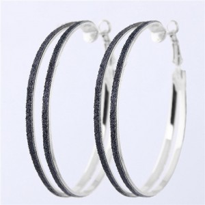 Black Dull Polish Surface Giant Hoop High Fashion Women Earrings Earrings - Silver