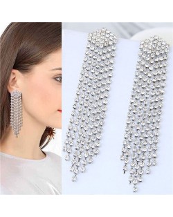 Rhinestone Shining Tassel Elegant Women Fashion Statement Earrings - Silver