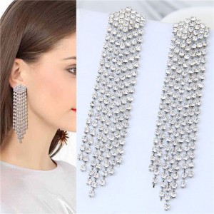 Rhinestone Shining Tassel Elegant Women Fashion Statement Earrings - Silver