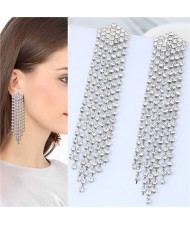 Rhinestone Shining Tassel Elegant Women Fashion Statement Earrings - Silver