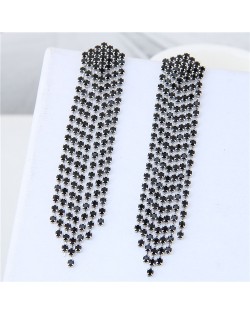 Rhinestone Shining Tassel Elegant Women Fashion Statement Earrings - Silver Black