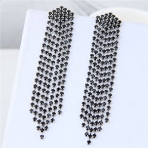 Rhinestone Shining Tassel Elegant Women Fashion Statement Earrings - Silver Black