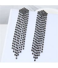 Rhinestone Shining Tassel Elegant Women Fashion Statement Earrings - Silver Black