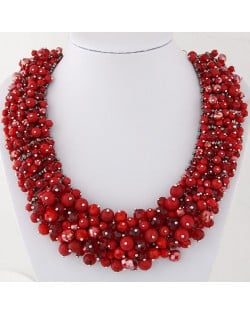 Shining Crystal Beads Hand Weaving Chunky Collar Fashion Women Statement Necklace - Red
