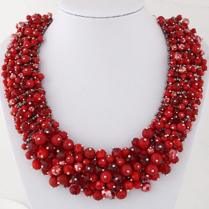 Shining Crystal Beads Hand Weaving Chunky Collar Fashion Women Statement Necklace - Red