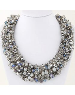 Shining Crystal Beads Hand Weaving Chunky Collar Fashion Women Statement Necklace - Silver