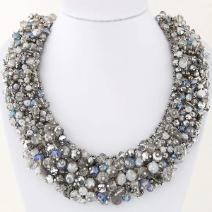 Shining Crystal Beads Hand Weaving Chunky Collar Fashion Women Statement Necklace - Silver