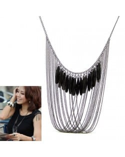 Black Beads Decorated Chains Tassel Desigh High Fashion Costume Necklace