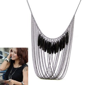 Black Beads Decorated Chains Tassel Desigh High Fashion Costume Necklace