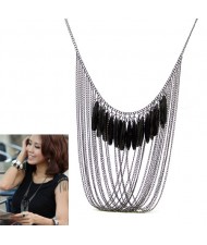 Black Beads Decorated Chains Tassel Desigh High Fashion Costume Necklace