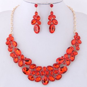 Resin Gems Spring Flowers Design Women Statement Fashion Necklace and Earrings Set - Red