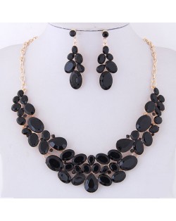 Resin Gems Spring Flowers Design Women Statement Fashion Necklace and Earrings Set - Black