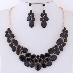 Resin Gems Spring Flowers Design Women Statement Fashion Necklace and Earrings Set - Black