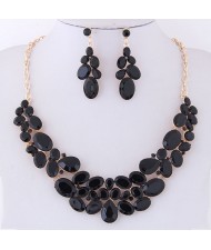 Resin Gems Spring Flowers Design Women Statement Fashion Necklace and Earrings Set - Black