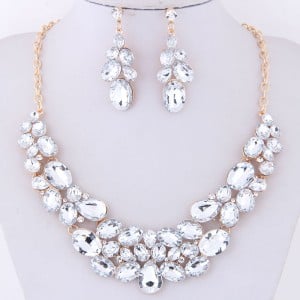 Resin Gems Spring Flowers Design Women Statement Fashion Necklace and Earrings Set - White