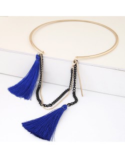 Cotton Threads and Alloy Chain Tassel High Fashion Women Necklet - Blue
