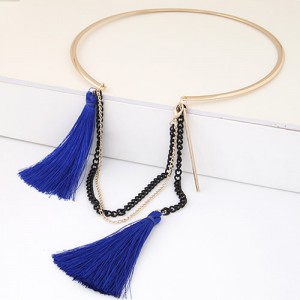 Cotton Threads and Alloy Chain Tassel High Fashion Women Necklet - Blue