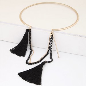 Cotton Threads and Alloy Chain Tassel High Fashion Women Necklet - Black