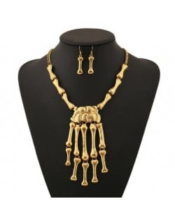 Vintage Style Skeleton Hands Punk Fashion Golden Necklace and Earrings Set