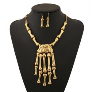 Vintage Style Skeleton Hands Punk Fashion Golden Necklace and Earrings Set