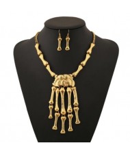 Vintage Style Skeleton Hands Punk Fashion Golden Necklace and Earrings Set