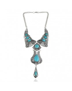 Artificial Turquoise Inlaid Vintage Waterdrop Design Folk Fashion Women Costume Necklace - Teal