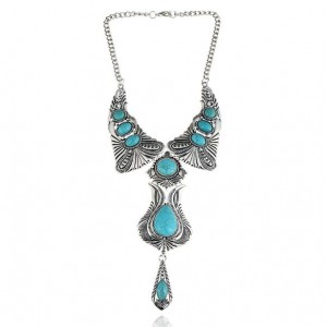 Artificial Turquoise Inlaid Vintage Waterdrop Design Folk Fashion Women Costume Necklace - Teal