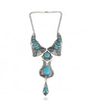 Artificial Turquoise Inlaid Vintage Waterdrop Design Folk Fashion Women Costume Necklace - Teal