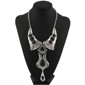 Artificial Turquoise Inlaid Vintage Waterdrop Design Folk Fashion Women Costume Necklace - Black