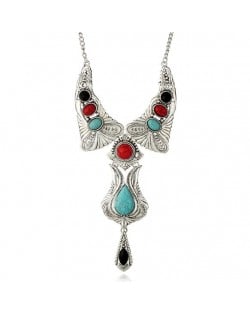 Artificial Turquoise Inlaid Vintage Waterdrop Design Folk Fashion Women Costume Necklace - Multicolor