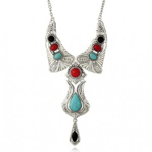 Artificial Turquoise Inlaid Vintage Waterdrop Design Folk Fashion Women Costume Necklace - Multicolor