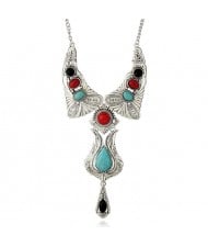 Artificial Turquoise Inlaid Vintage Waterdrop Design Folk Fashion Women Costume Necklace - Multicolor