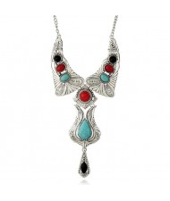 Artificial Turquoise Inlaid Vintage Waterdrop Design Folk Fashion Women Costume Necklace - Multicolor