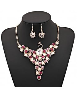 Rhinestone and Opal Embellished Peacock Design Alloy Fashion Costume Necklace and Earrings Set - Rose