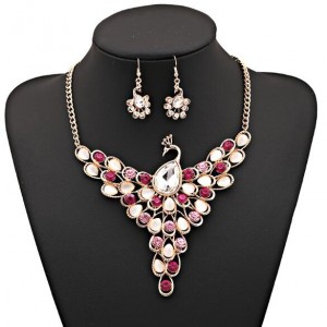 Rhinestone and Opal Embellished Peacock Design Alloy Fashion Costume Necklace and Earrings Set - Rose