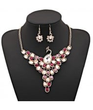 Rhinestone and Opal Embellished Peacock Design Alloy Fashion Costume Necklace and Earrings Set - Rose